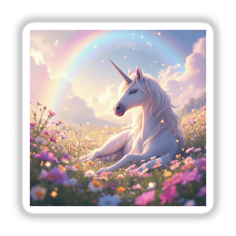 a unicorn sitting in a field of flowers with a rainbow in the background