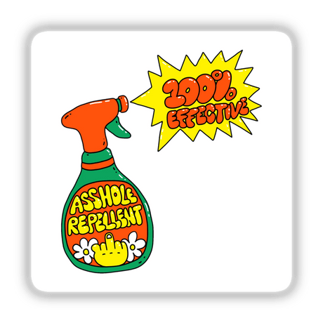 Spray bottle illustration labeled A**hole Repellent, available as stickers or digital artwork, showcasing a humorous design. Perfect for fans of unique vinyl stickers and quirky digital art.