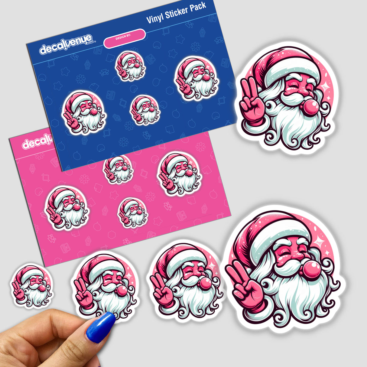 Peace Out Retro Pink Bubblegum Santa Claus sticker in a hand, featuring a cartoon Santa with a peace sign gesture. Available as unique stickers or digital artwork from Decal Venue.