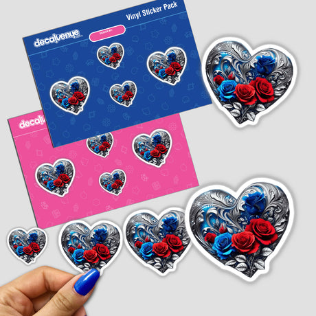 Elegant Silver Blue Heart sticker adorned with intricate red and blue roses, available as a sticker or digital artwork from Decal Venue, known for unique vinyl designs.