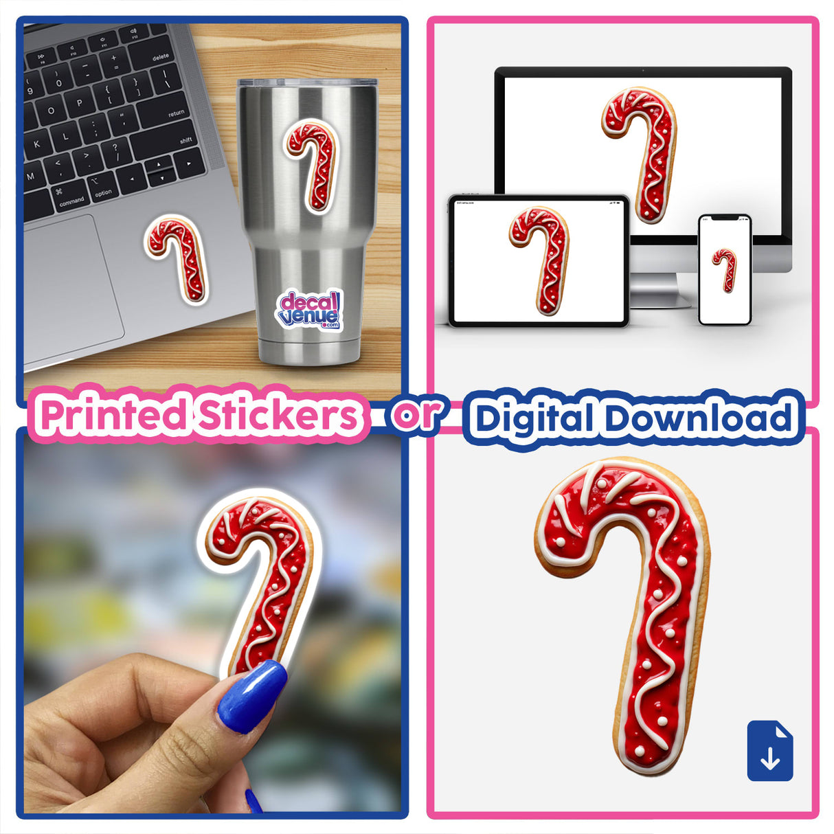 Cute Candy Cane Christmas Cookie Festive Holiday stickers and digital artwork collage featuring gingerbread candy canes, close-up fingers, and a keyboard.