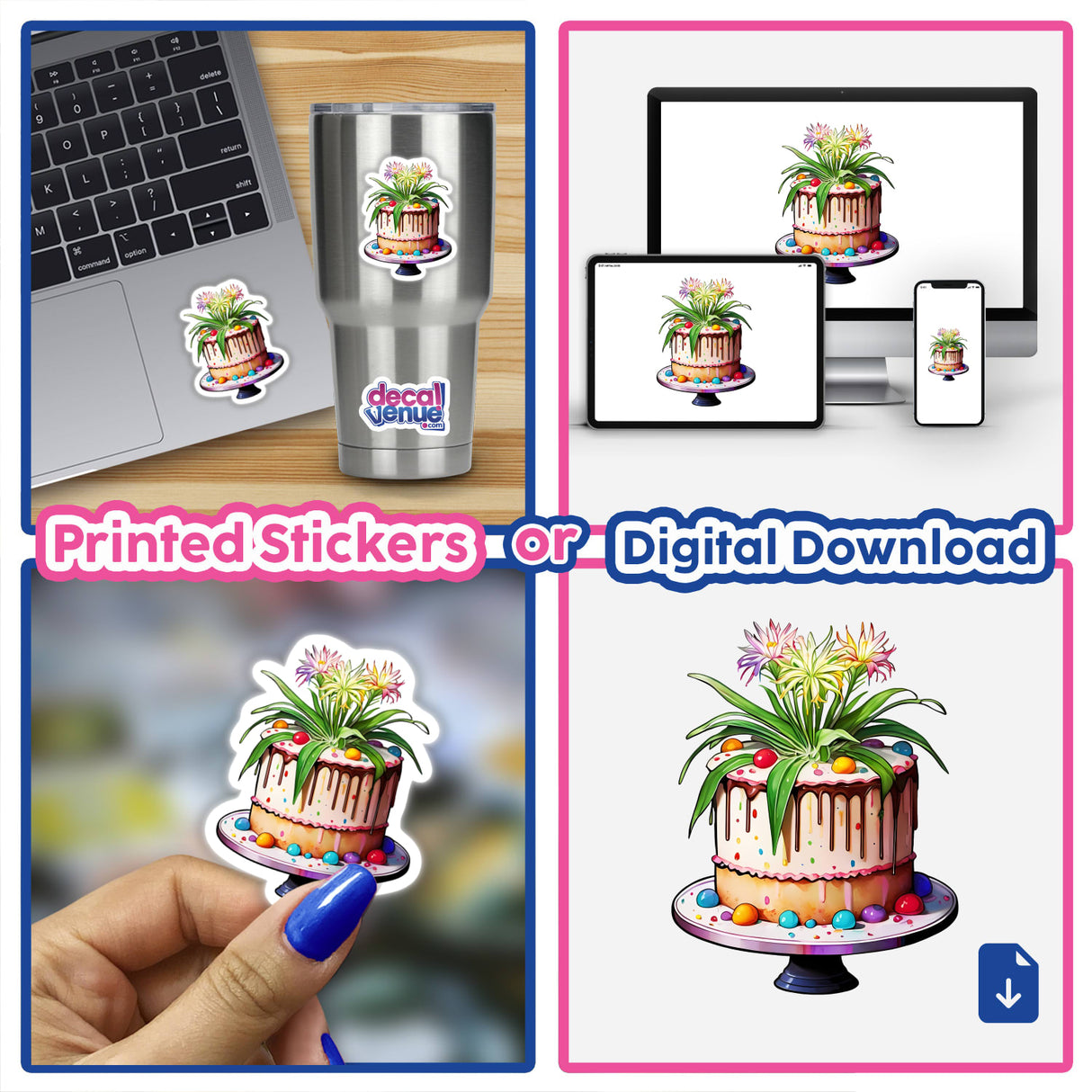 Collage showing Spider Plant Cake: A Deliciously Unique Confection with floral toppings and a finger tapping on a laptop, highlighting the sticker and digital artwork options.