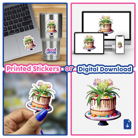 Collage showing Spider Plant Cake: A Deliciously Unique Confection with floral toppings and a finger tapping on a laptop, highlighting the sticker and digital artwork options.