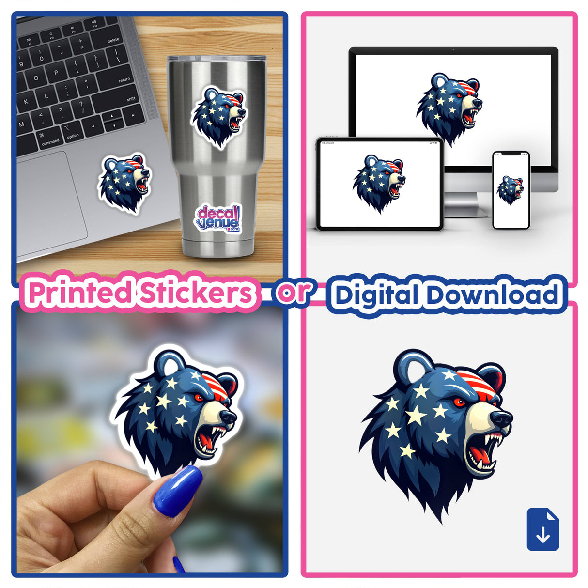 A Cool American Flag Bear sticker displayed on a laptop. The sticker features a bear adorned with stars and stripes, embodying a patriotic theme. Available as stickers or digital artwork.