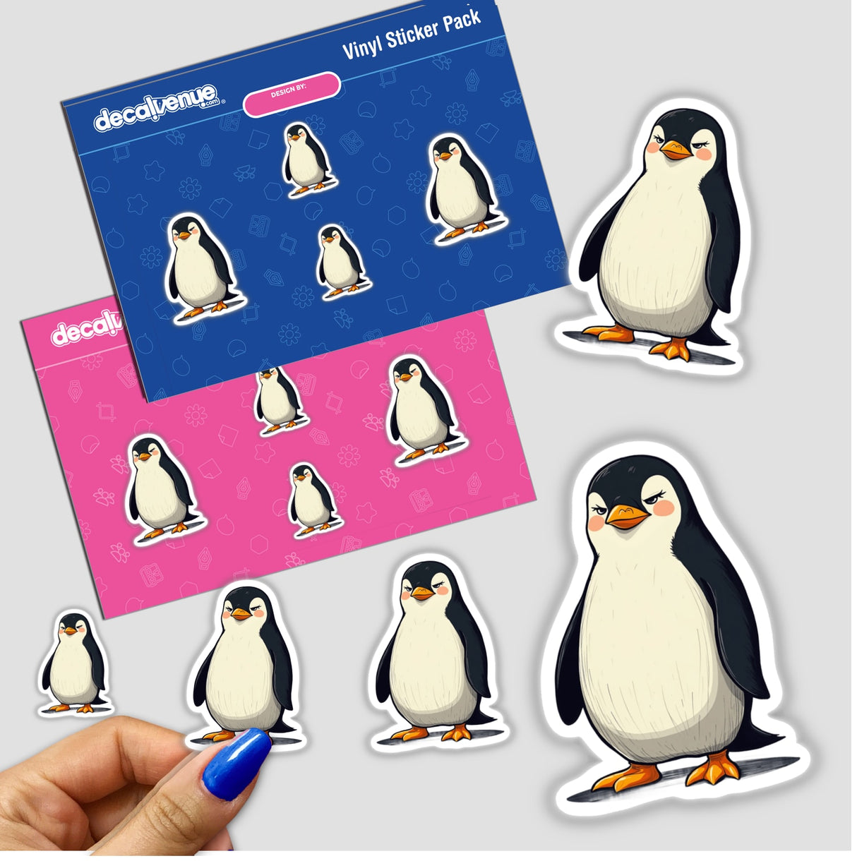 Grumpy Standing Penguin sticker featuring a cartoon penguin in various poses and backgrounds, including pink and blue.