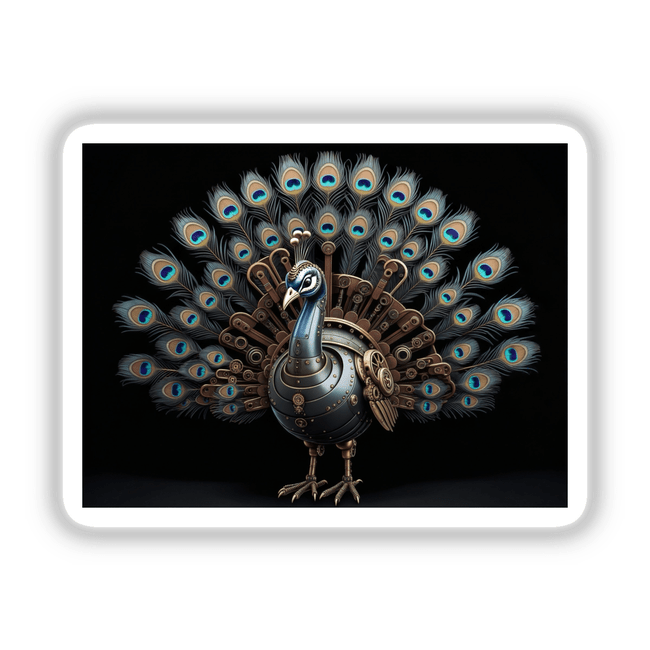 Mechanical Peacock with Intricate Gears and Vibrant Tail Feathers depicted as a detailed metal sculpture, showcasing artistic craftsmanship ideal for unique vinyl stickers or digital artwork.