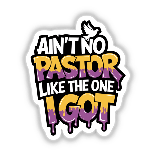 Christian phrase artwork featuring a white dove with purple and yellow text, available as stickers or digital art.