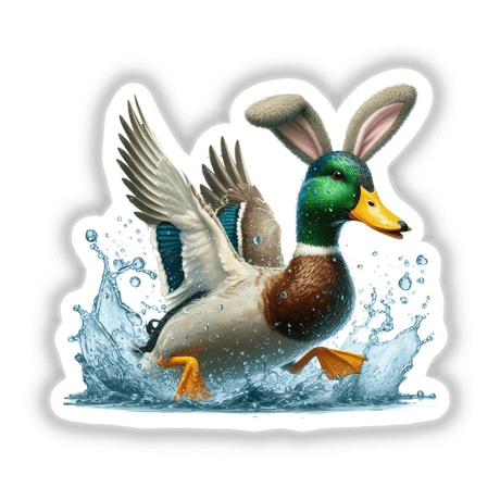 Mallard Duck w Bunny Ears Splashing: A whimsical duck with bunny ears running through water, available as unique stickers or digital artwork from Decal Venue.