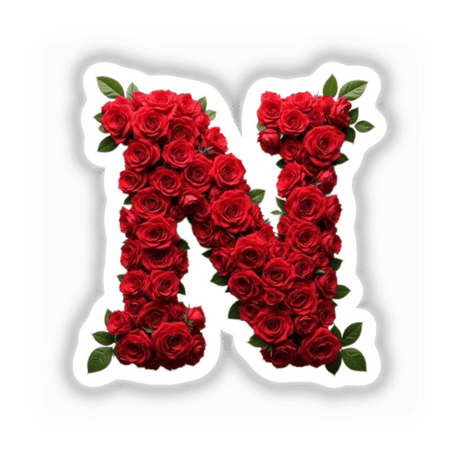 Elegant Floral Letter N Clipart - Downloadable Sticker with Commercial Rights, featuring a letter 'N' intricately formed by a cluster of red roses, perfect for Valentine's Day or floral-themed designs.