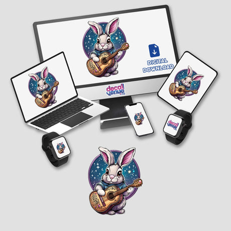 Musical Bunny with Decorative Guitar depicted on computer monitor and laptop, showcasing a cartoon rabbit strumming a guitar, available as stickers or digital artwork from Decal Venue.