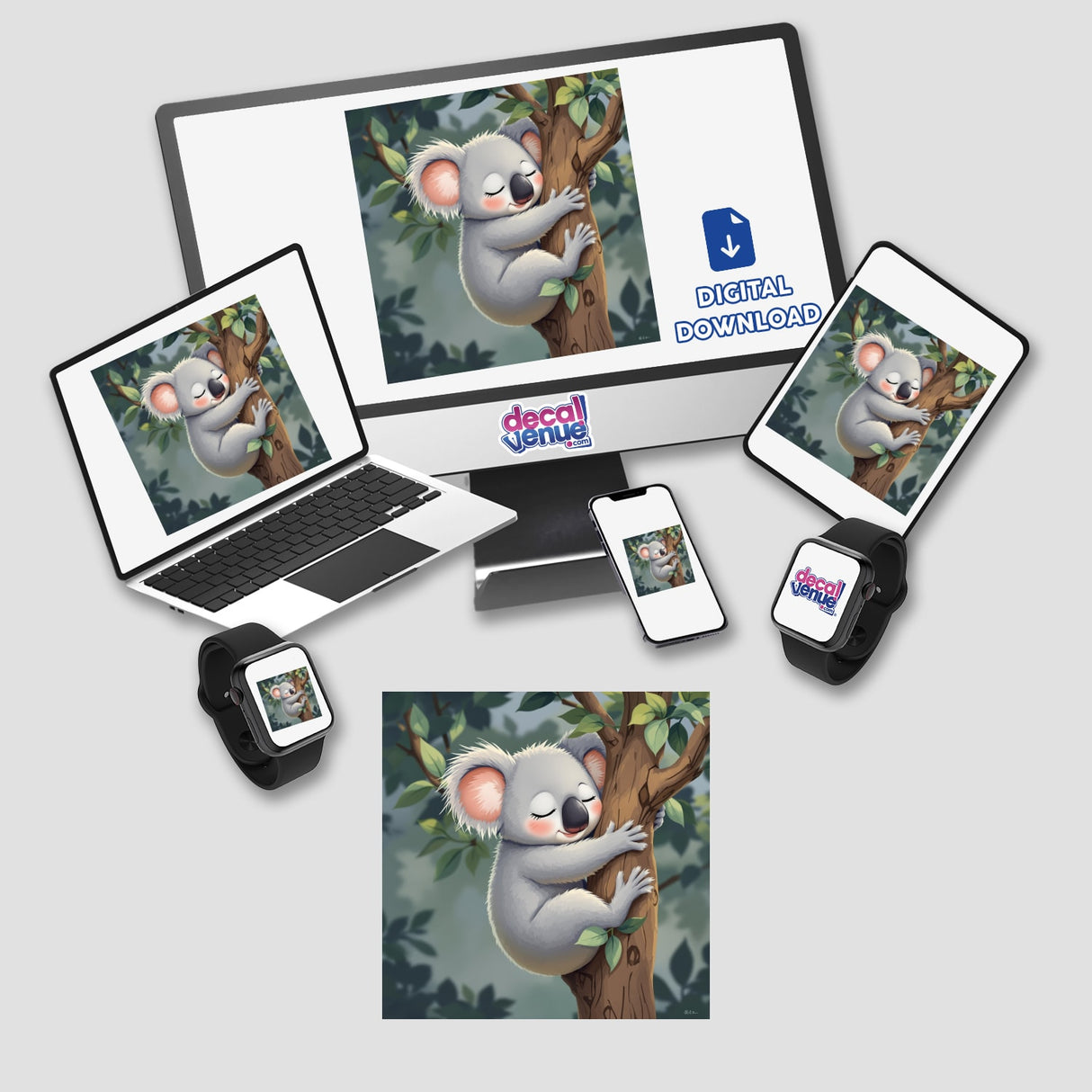 Adorable Sleeping Koala Hugging a Tree depicted on a computer monitor, laptop, and smartwatch, available as stickers or digital artwork from Decal Venue's unique collection.