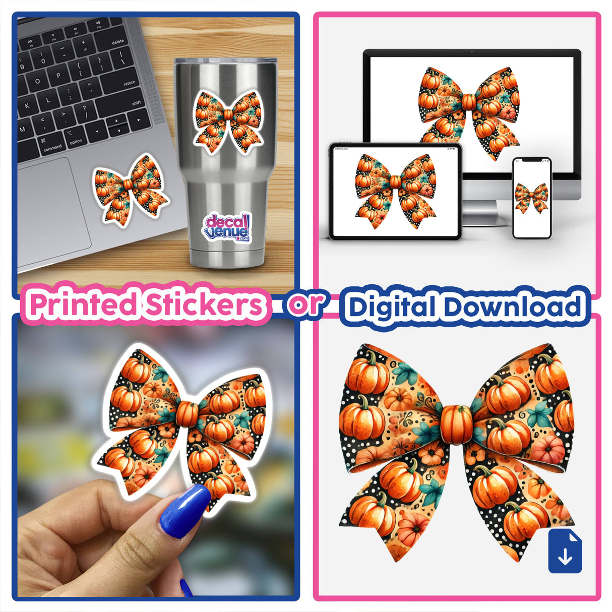 Pumpkin Pattern Coquette Bow collage featuring bows with pumpkin designs, a laptop adorned with the bow, and close-ups of the bow detail. Available as stickers or digital artwork.