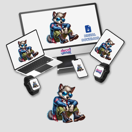 Digital artwork of patriotic wolf wearing aviator sunglasses across various digital product mockups from Decal Venue store.