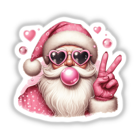 Retro Pink Christmas Santa Claus Blowing Bubble II features a cartoon Santa with heart-shaped sunglasses and bubble gum, available as unique stickers or digital artwork from Decal Venue.