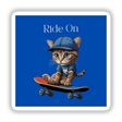 Skateboarding Tabby: A whimsical cartoon cat wearing a tiny hat rides a skateboard, perfect as a sticker or digital artwork from Decal Venue, specializing in unique vinyl stickers and digital art.