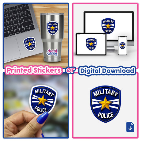 Military Police Shield Logo sticker collage on a laptop and tumbler, showcasing unique designs available as stickers or digital artwork from Decal Venue.