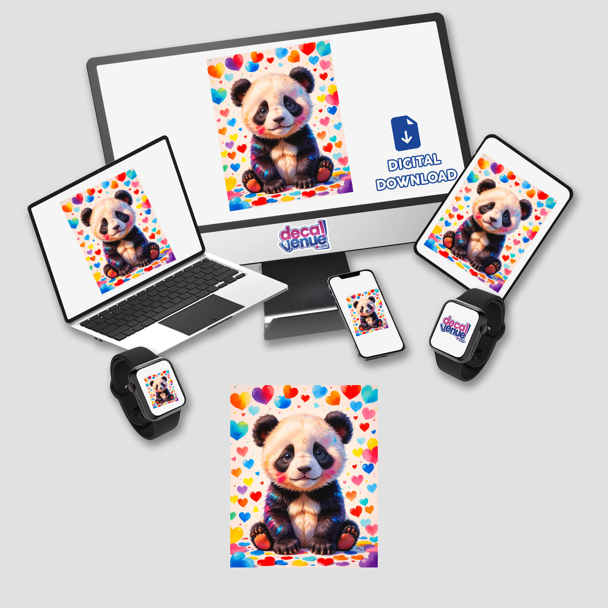 Cute panda bear with love hearts on screens, available as stickers or digital artwork, featuring on a computer monitor, laptop, tablet, smartphone, and smartwatch display.