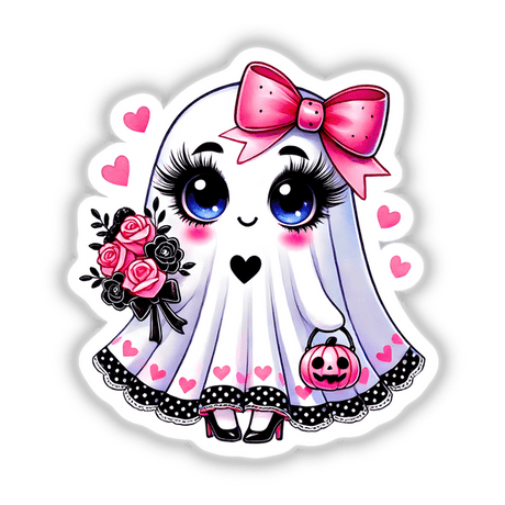 Cute Ghost with Pink Bow: Cartoon ghost with a pink bow and flowers, available as stickers or digital artwork.