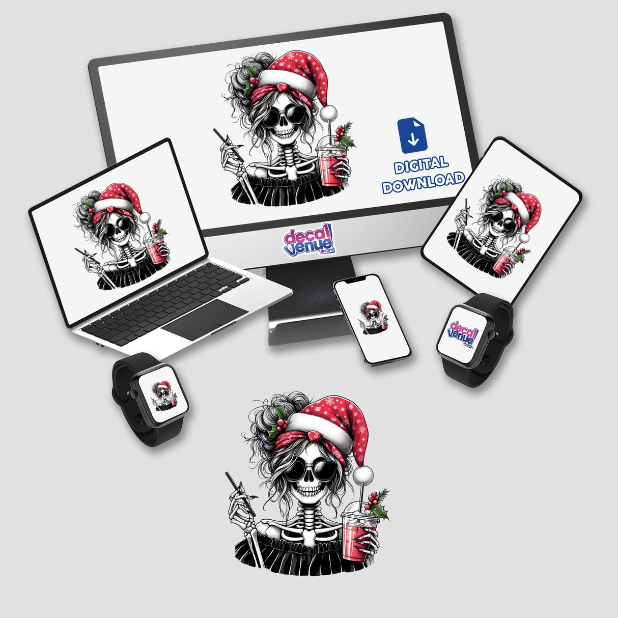 Christmas Santa Skeleton Mama digital artwork displayed on various devices, featuring a skeleton in a Santa hat and sunglasses, holding a drink. Available as unique stickers or digital art.