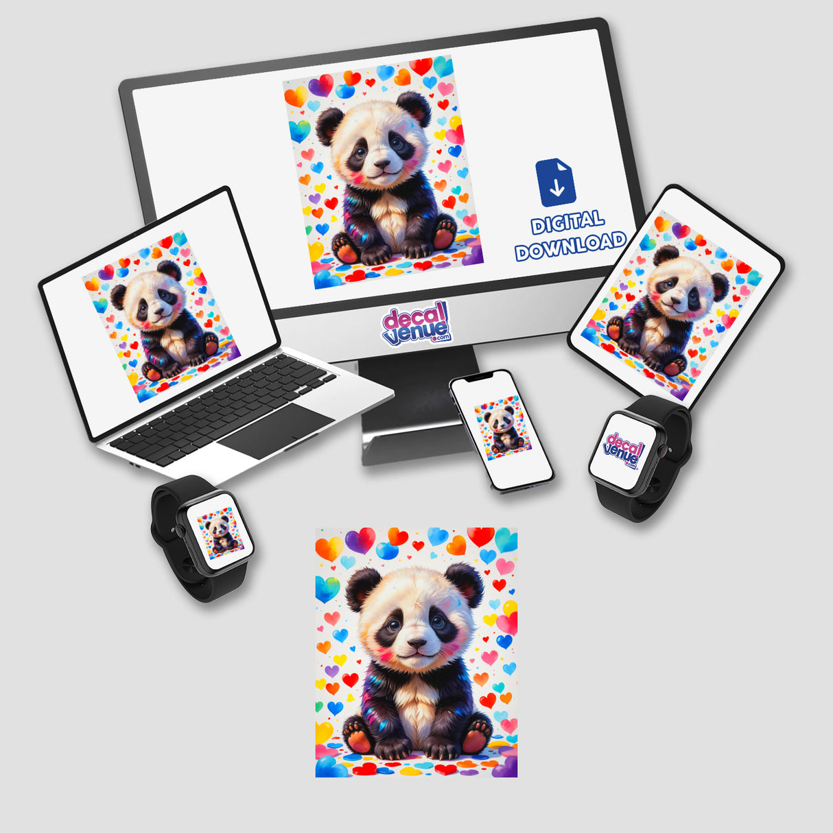 A Cute Panda Bear With Love Hearts displayed on a computer monitor and laptop, available as unique stickers or digital artwork, reflecting Decal Venue's focus on distinctive vinyl designs.