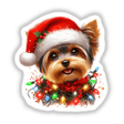 Yorkie Dog in Santa Hat Tangled Lights, showcasing a terrier with festive lights and a Santa hat, available as stickers or digital artwork from Decal Venue's unique collection.