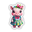 Chibi Style Cute Hippo in a Bow Tie and Sun Dress: Adorable Sticker Design featuring a cartoon hippo in a dress with floral accents, perfect for unique stickers and digital artwork lovers.