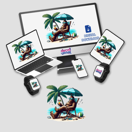 Sasquatch Sitting on Beach with Drink depicted on a computer monitor and laptop screen, showcasing a cartoon character relaxing under a palm tree, available as stickers or digital artwork.