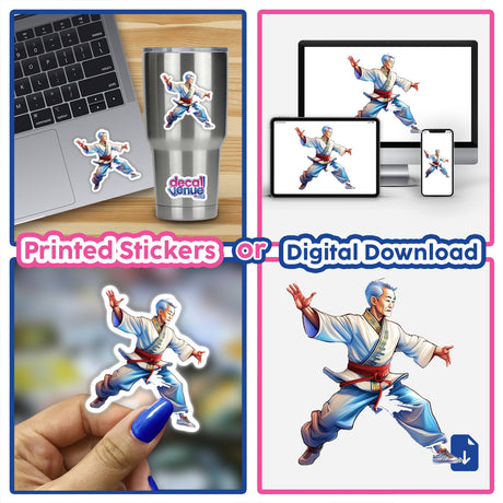 Vibrant martial arts illustration with dynamic poses. Tai Chi graphic design featuring a figure in traditional uniform performing kicks and moves. Versatile digital artwork available as printed stickers or downloadable files for personal or commercial use.