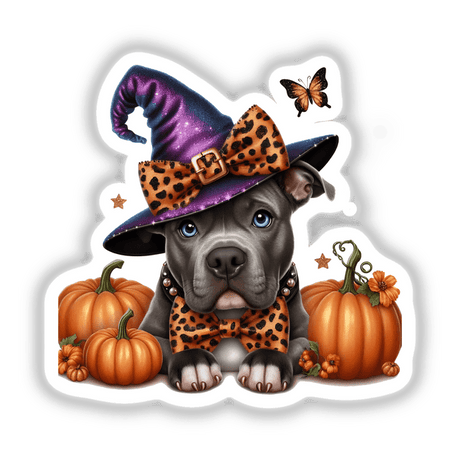 Resting Halloween Pitbull Witch w/Pumpkins: A dog in a hat and bowtie sits among pumpkins and flowers, available as stickers or digital artwork.