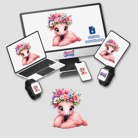 Adorable Flamingo with a Flower Crown features a charming flamingo illustration on various devices, highlighting its vibrant design available as stickers or digital artwork from Decal Venue.