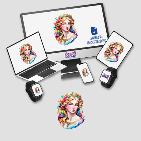 Sticker Design of Marble Statue of Aphrodite: Timeless Greek Art Aesthetic displayed on a computer monitor and laptop, featuring a woman with colorful hair and flowers in her hair.