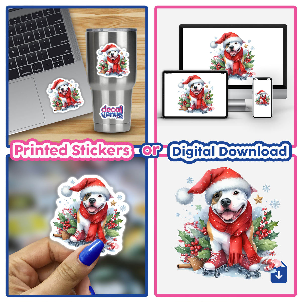 Christmas Scene Santa Pitbull Dog sticker features a pitbull in a Santa hat and scarf, showcased on a laptop and cup. Available as stickers or digital artwork from Decal Venue.