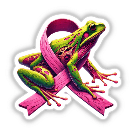 Frog Pink Ribbon Breast Cancer: A cartoon frog with a pink ribbon, available as stickers or digital artwork from Decal Venue.