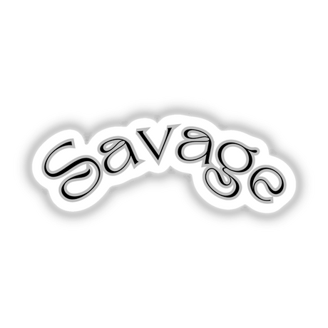 Savage -in Black sticker or digital artwork featuring bold typography and intricate black and white swirly designs, perfect for adding a unique touch to any surface.