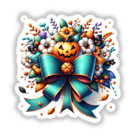 Whimsical Halloween decor: Colorful floral arrangement with pumpkin, bow, and leaves on a white background.