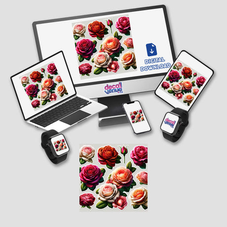 Beautiful Lush Roses displayed on a computer monitor and laptop, highlighting the vibrant floral design available as vinyl stickers or digital artwork from Decal Venue.