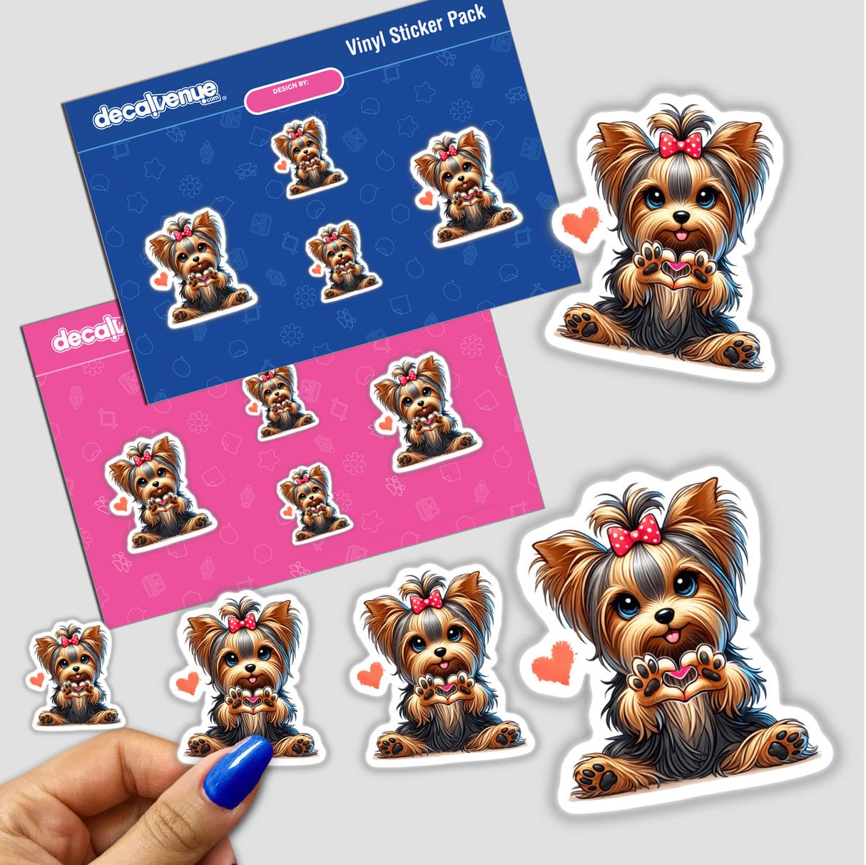 Yorkie Dog Heart Gestures II: Cartoon stickers featuring a cartoon Yorkie dog holding hearts, available as unique vinyl stickers or digital artwork, embodying Decal Venue's playful and charming design ethos.