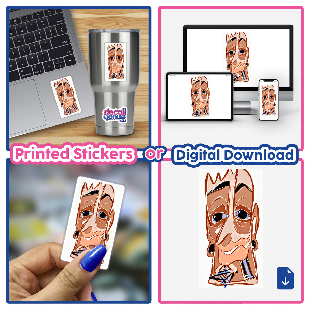 Sancho Says stickers and digital artwork featuring a cartoon character collage, including close-ups of stickers and artistic depictions on various surfaces, ideal for customizing laptops and accessories.