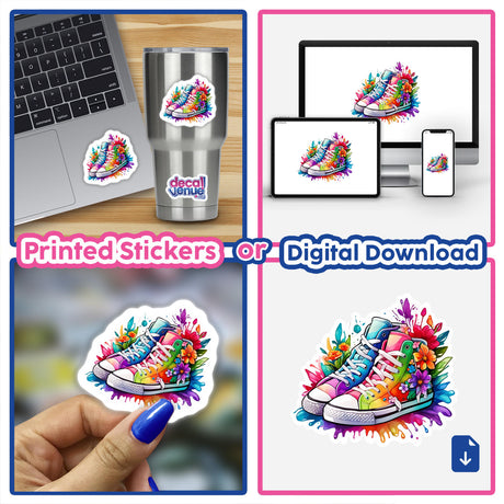 Dope Floral High-Top Sneakers Sticker featuring a pair of colorful shoes with flowers displayed on a laptop.