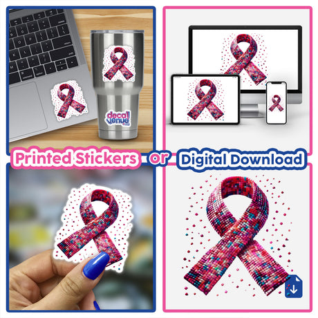 Collage featuring various pink ribbon designs and mosaics symbolizing Breast Cancer Awareness, offered as stickers or digital artwork.