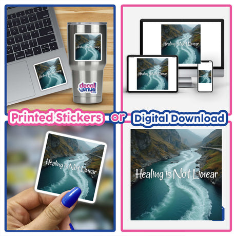 Collage of a Healing is Not Linear Sticker | Mental Health Affirmation | Motivational Sticker | Digital Download with Commercial Rights, showing a laptop, hand holding a picture of a river, and close-up of details.