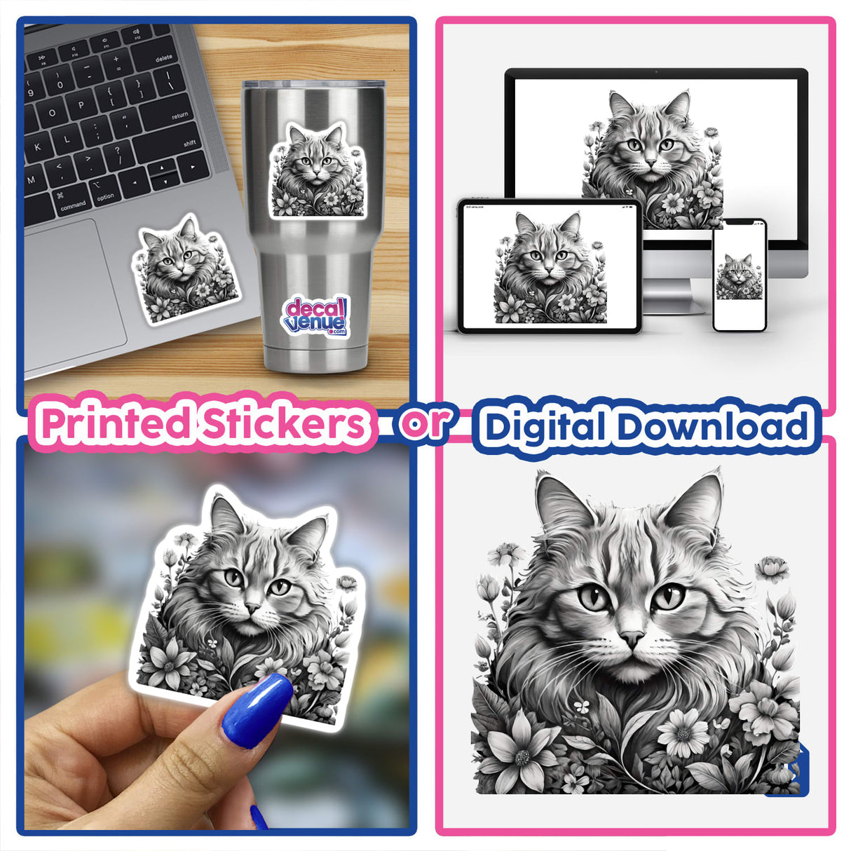 Beautiful Cat Portrait Floral PA06: A collage featuring stickers and digital artwork of a cat adorned with flowers, displayed on a hand, laptop, and other surfaces.