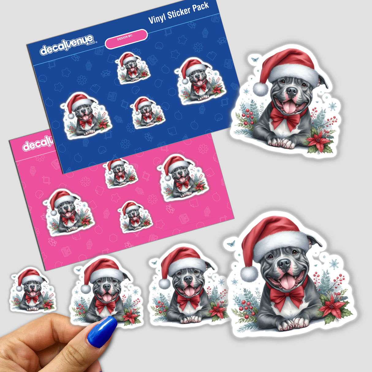 Happy Christmas Pitbull Santa stickers featuring cartoon dogs in Santa hats and bow ties, available as stickers or digital artwork from Decal Venue's unique collection.