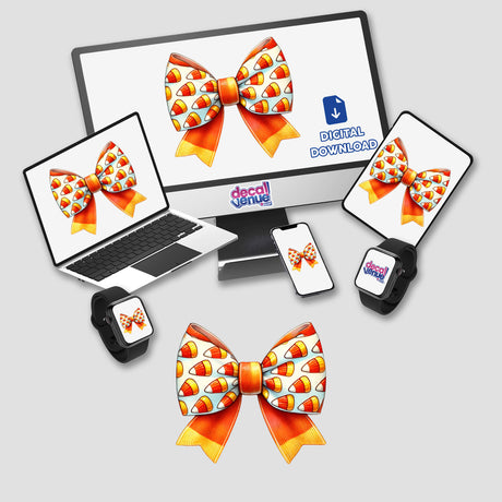 Candy Corn Pattern Coquette Bow displayed on a laptop screen with smartwatches nearby, available as stickers or digital artwork.