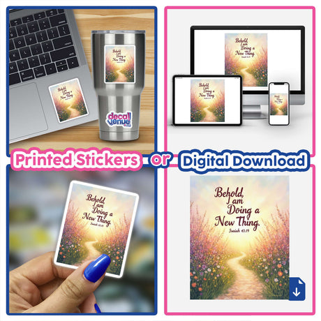 Behold, I Am Doing a New Thing – Isaiah 43:19 – Bible Verse Sticker or Clipart, showing a hand holding a card with floral paths, emphasizing its availability as digital artwork or sticker.