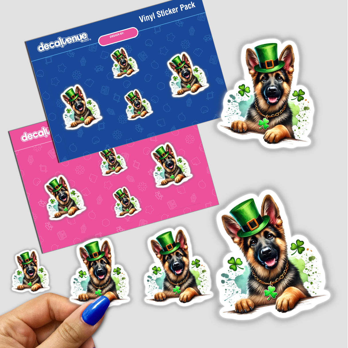 Stickers featuring a cartoon German Shepherd wearing a green hat, themed for St Patrick's Day. Available as stickers or digital artwork, perfect for festive decoration.