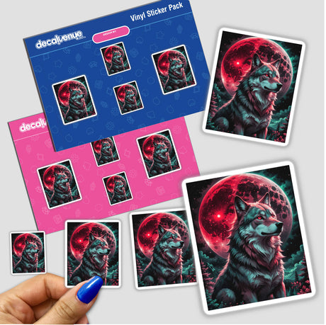 Sticker titled A Wolf In The Night With A Blood Moon, featuring a wolf with red eyes against a pink moon backdrop, captured in a close-up of a hand holding the sticker pack.