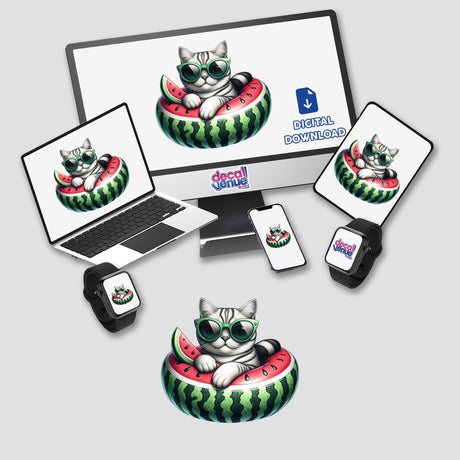 Cool cat resting on watermelon pool float surrounded by digital devices displaying the Decal Venue brand and digital artwork