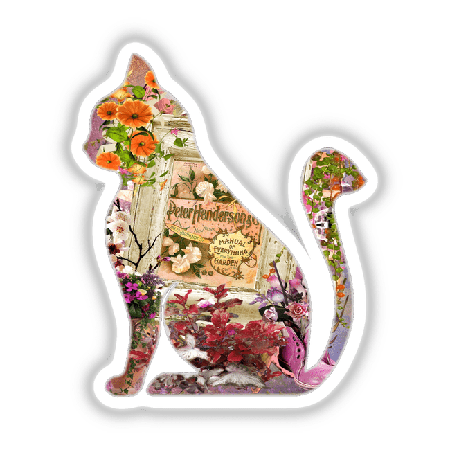 Floral Kitty sticker with vibrant flowers, botanical designs, and vintage book illustration