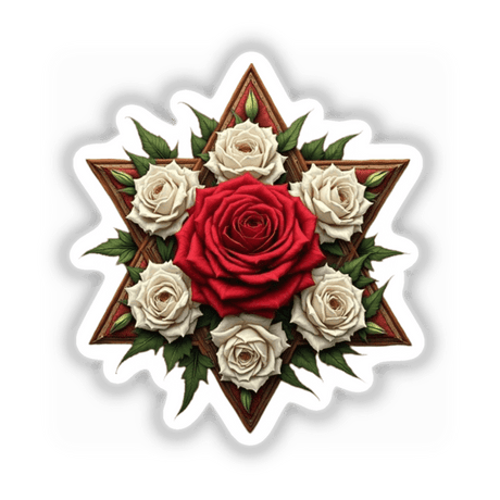 Floral Star of David Clipart - Stickers or Commercial Use Download featuring a red and white rose in a star shape, surrounded by white roses. Perfect for unique stickers or digital artwork.